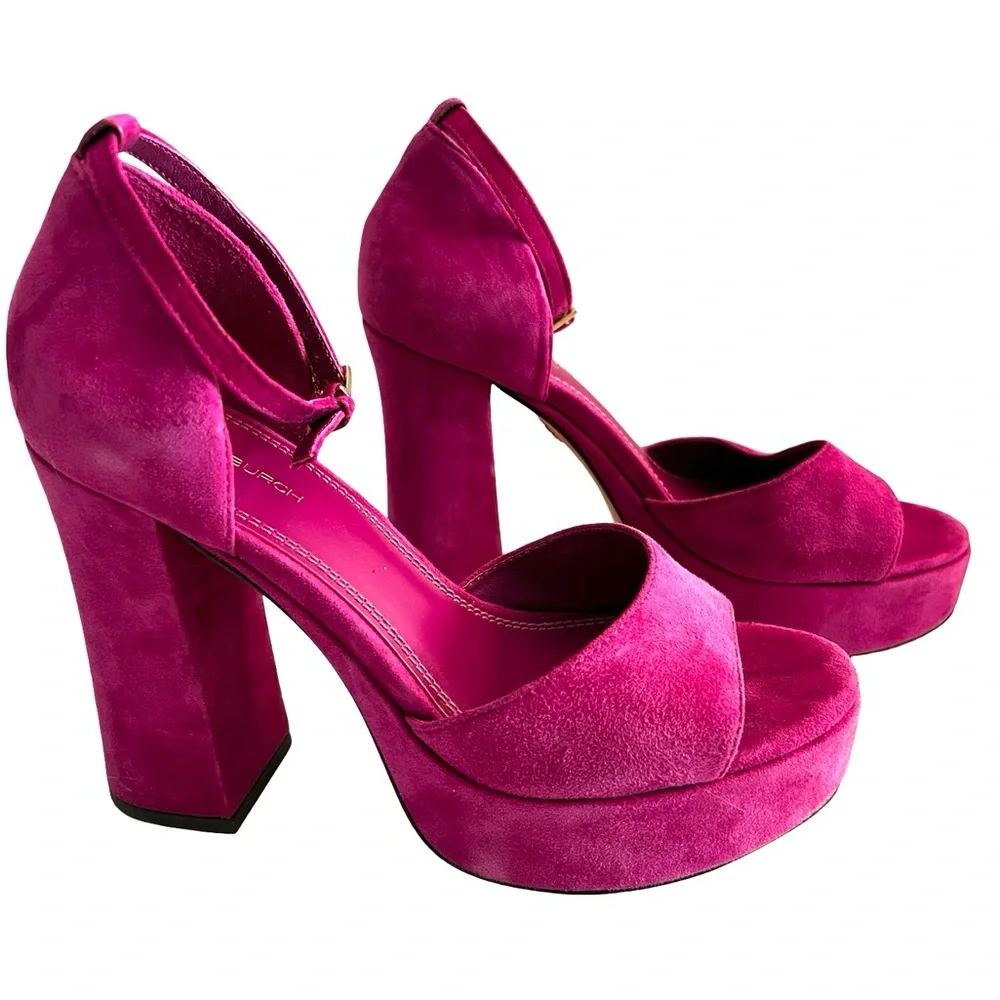 Tory Burch Size 7 Loretta Platforms Sandals Suede Fuchsia Hot Pink - Picture 2 of 10